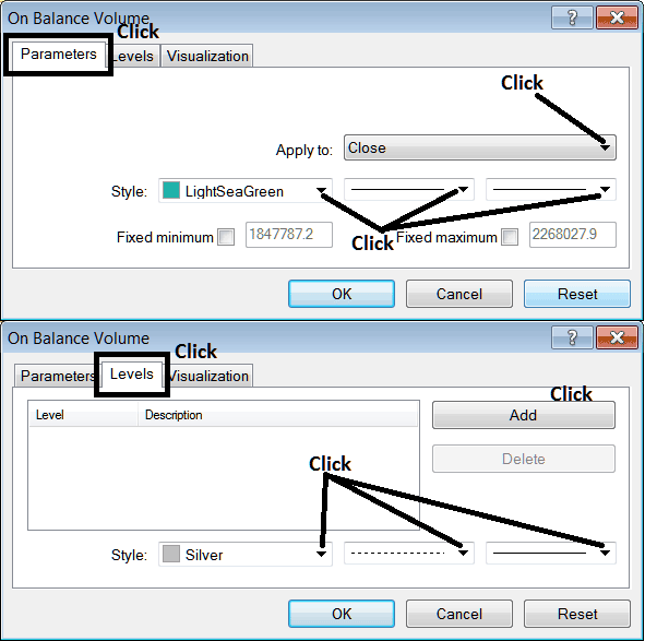 Edit Properties Window for Editing On Balance Volume Indicator Setting - How Do I Place On Balance Volume Indices Indicator on Chart in MetaTrader 4?