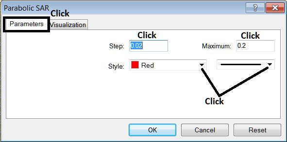 Edit Properties Window for Editing Parabolic SAR Indices Indicator Settings - How to Place Parabolic SAR Indices Indicator on Chart on MT4 - MT4 Parabolic SAR Stock Indices Indicator for Day Trading