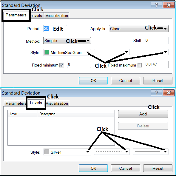 MT5 Edit Properties Window for Editing Standard Deviation MT5 Indices Technical Chart Indicator Setting - Place MetaTrader 5 Indices Indicator Standard Deviation Indicator on Indices Chart