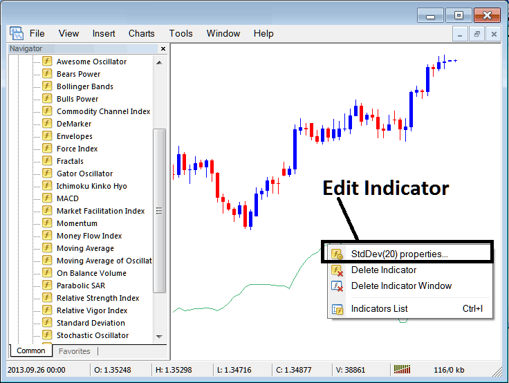 How to Edit Standard Deviation MT5 Indicator Properties - How to Place MT5 Standard Deviation Technical Indicator on Stock Index Trading Chart