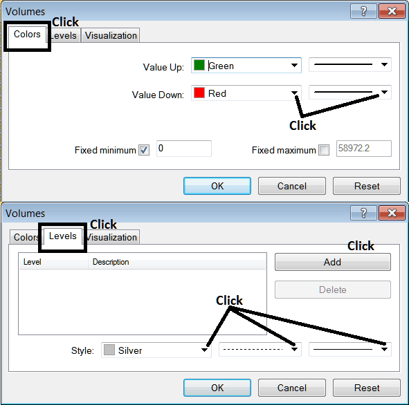 MT5 Edit Properties Window for Editing Volumes MT5 Indices Technical Chart Indicator Setting - Place MetaTrader 5 Indices Indicator Volumes Indicator on Indices Chart on MetaTrader 5